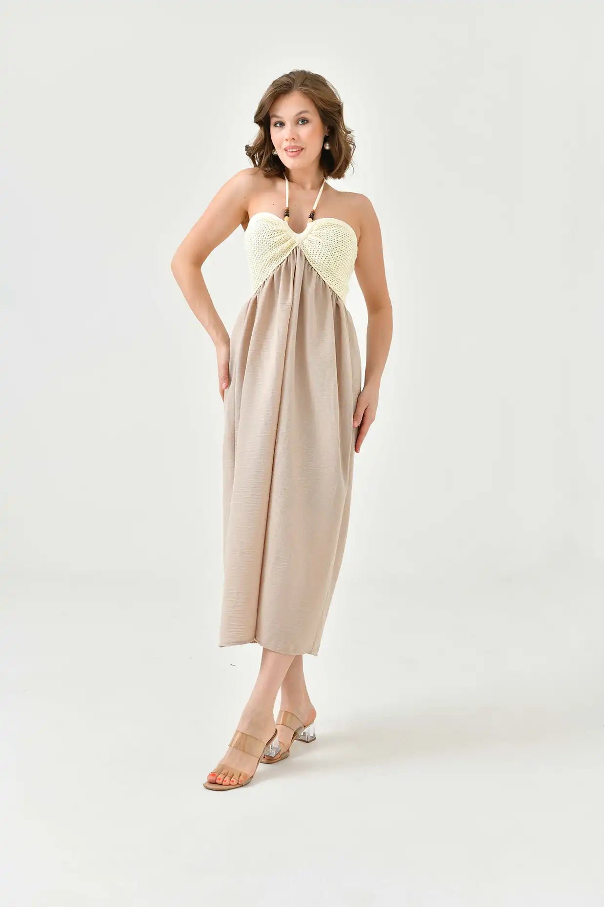 crochet and fabric dress KNIT & WOVEN COMBINED LONG Size:37.5 (US 7.5) How to Style a 59min50sale-festival7/16 and a gold