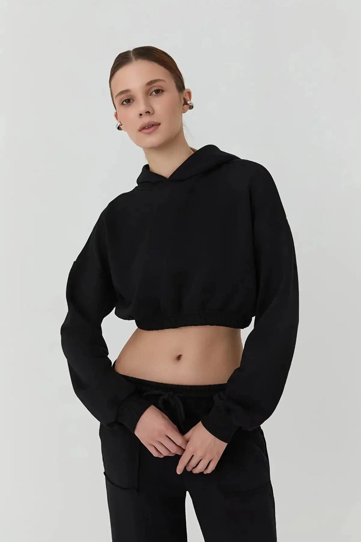 トップス theredthread S mid-sleeve hoodie cropped CROPED HOODIE SET - BLACK – Tueba